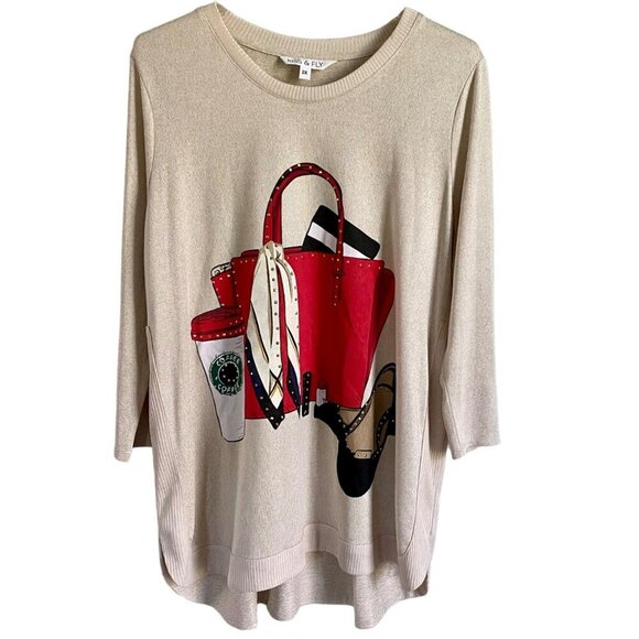 Kiss and Fly Embellished Knit Top With Handbag, Coffee, Shoes Women's Size 2X - Picture 2 of 12